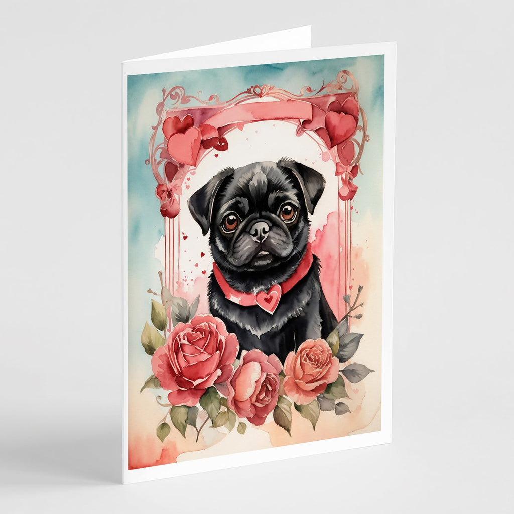 Black Pug Valentine Roses Greeting Cards Pack of 8 Blank Cards with Envelopes Whimsical A7 Size 5x7