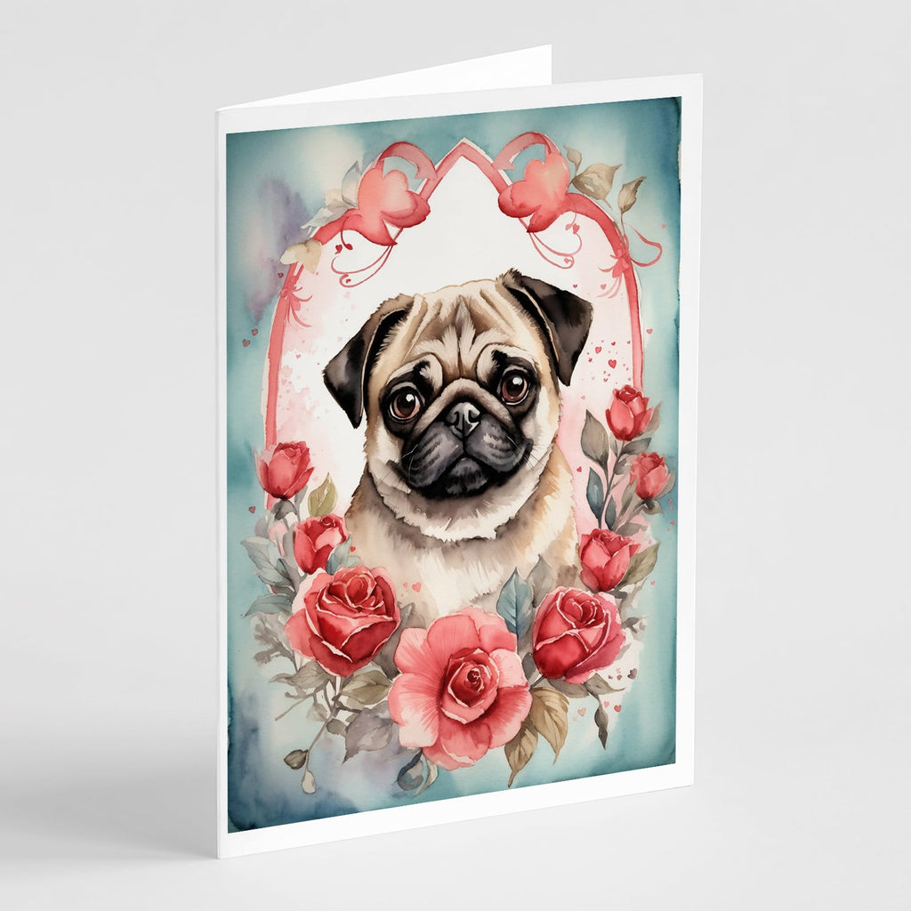 Pug Valentine Roses Greeting Cards Pack of 8 Blank Cards with Envelopes Whimsical A7 Size 5x7