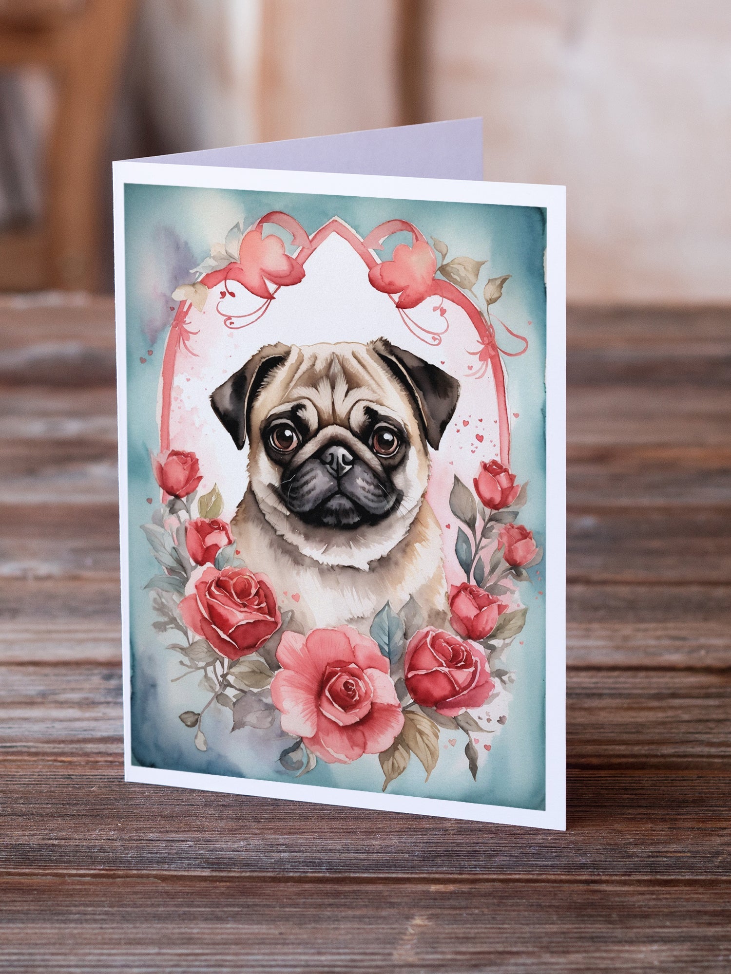 Pug Valentine Roses Greeting Cards Pack of 8 Blank Cards with Envelopes Whimsical A7 Size 5x7