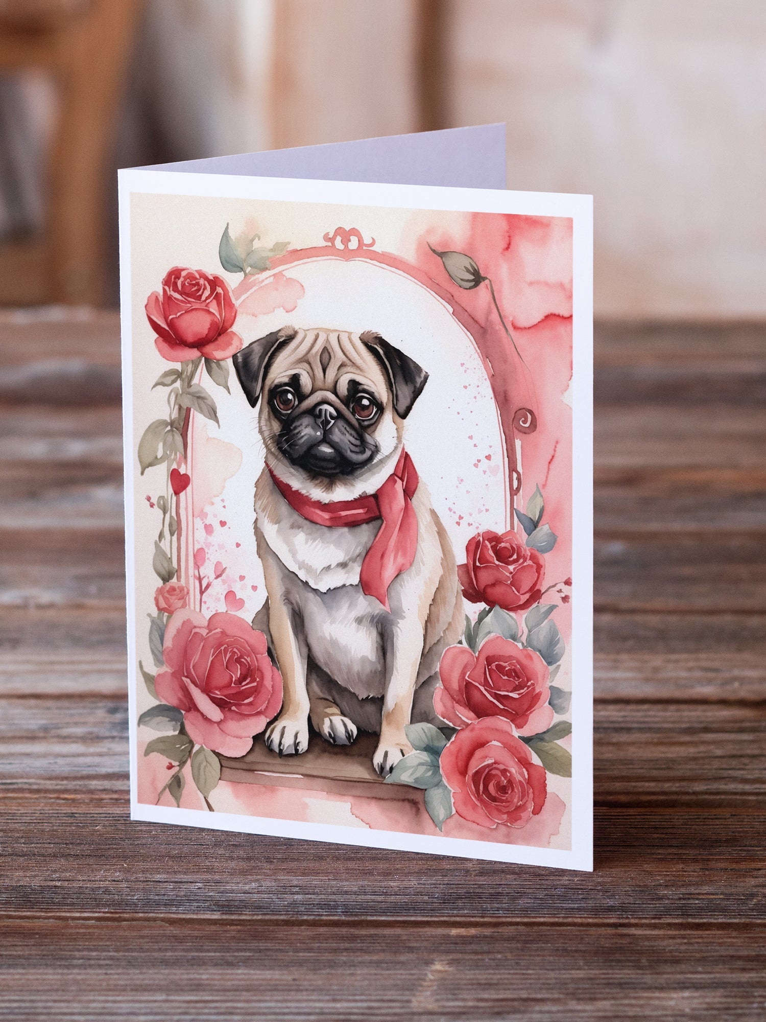 Pug Valentine Roses Greeting Cards Pack of 8 Blank Cards with Envelopes Whimsical A7 Size 5x7