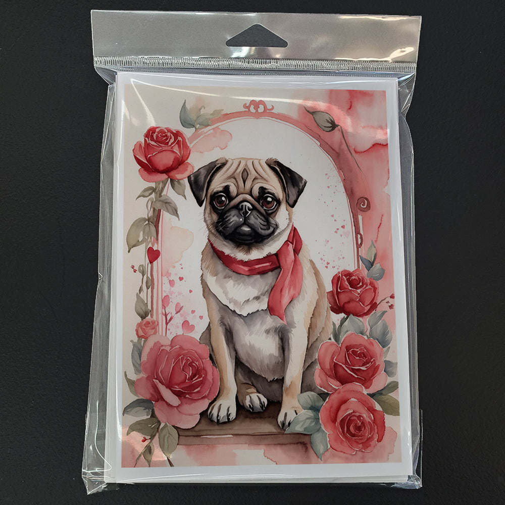 Pug Valentine Roses Greeting Cards Pack of 8 Blank Cards with Envelopes Whimsical A7 Size 5x7