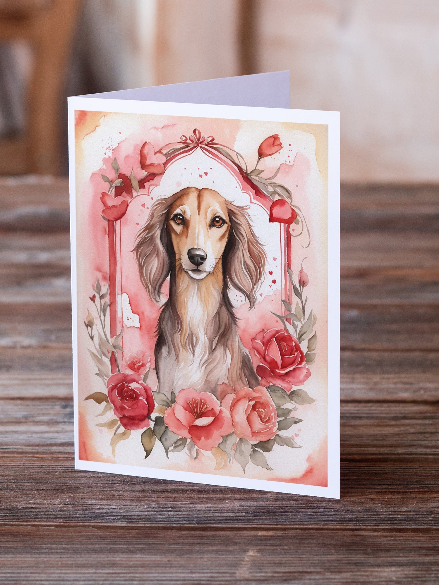 Saluki Valentine Roses Greeting Cards Pack of 8 Blank Cards with Envelopes Whimsical A7 Size 5x7