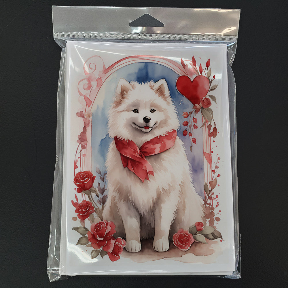 Samoyed Valentine Roses Greeting Cards Pack of 8 Blank Cards with Envelopes Whimsical A7 Size 5x7
