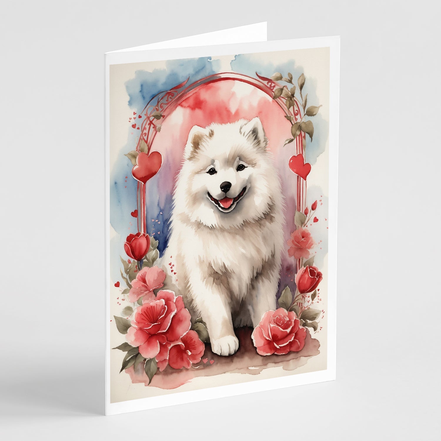 Samoyed Valentine Roses Greeting Cards Pack of 8 Blank Cards with Envelopes Whimsical A7 Size 5x7