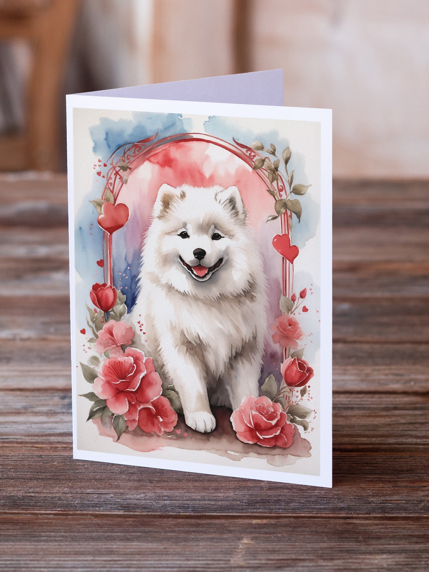 Samoyed Valentine Roses Greeting Cards Pack of 8 Blank Cards with Envelopes Whimsical A7 Size 5x7