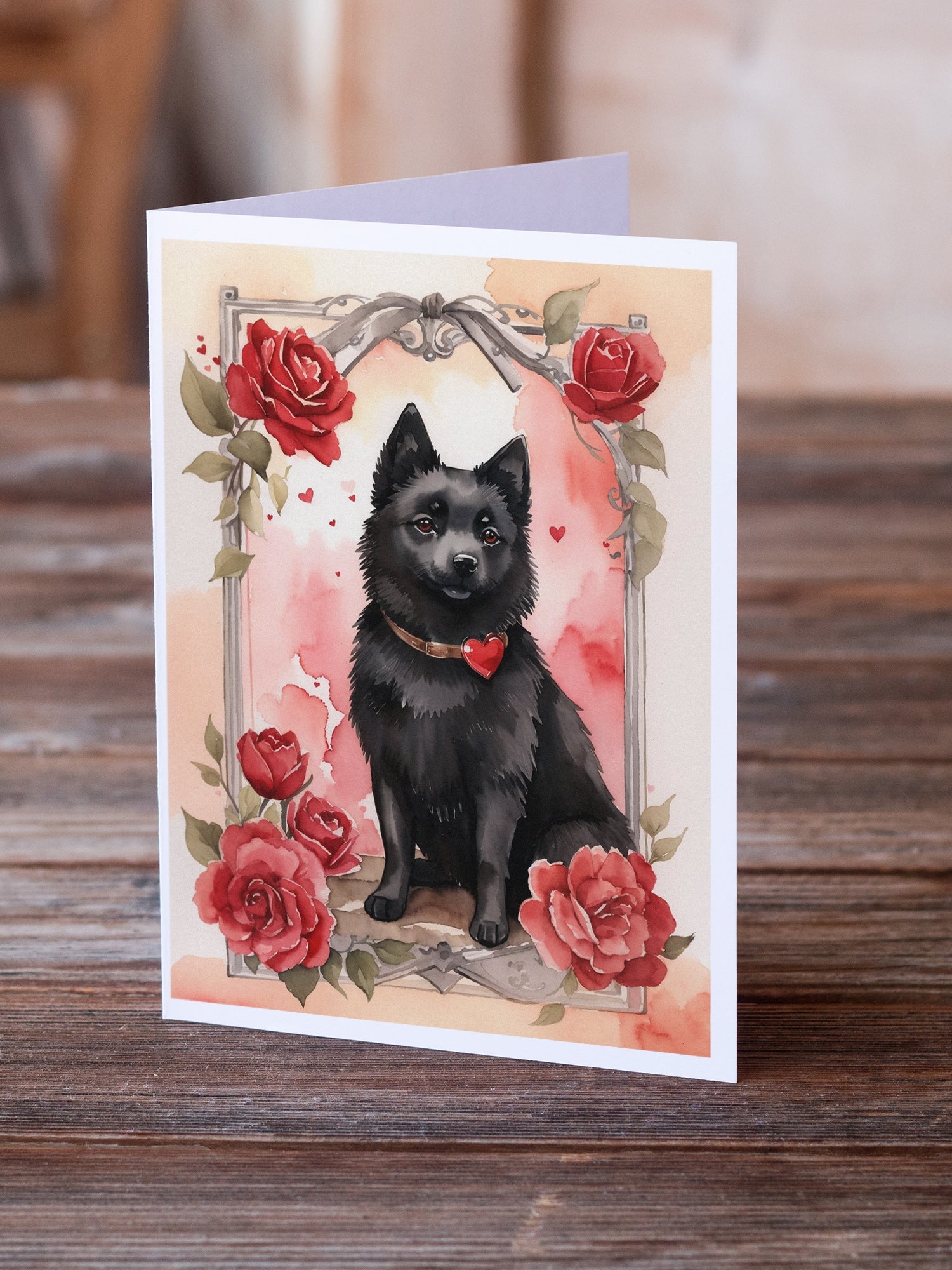 Schipperke Valentine Roses Greeting Cards Pack of 8 Blank Cards with Envelopes Whimsical A7 Size 5x7