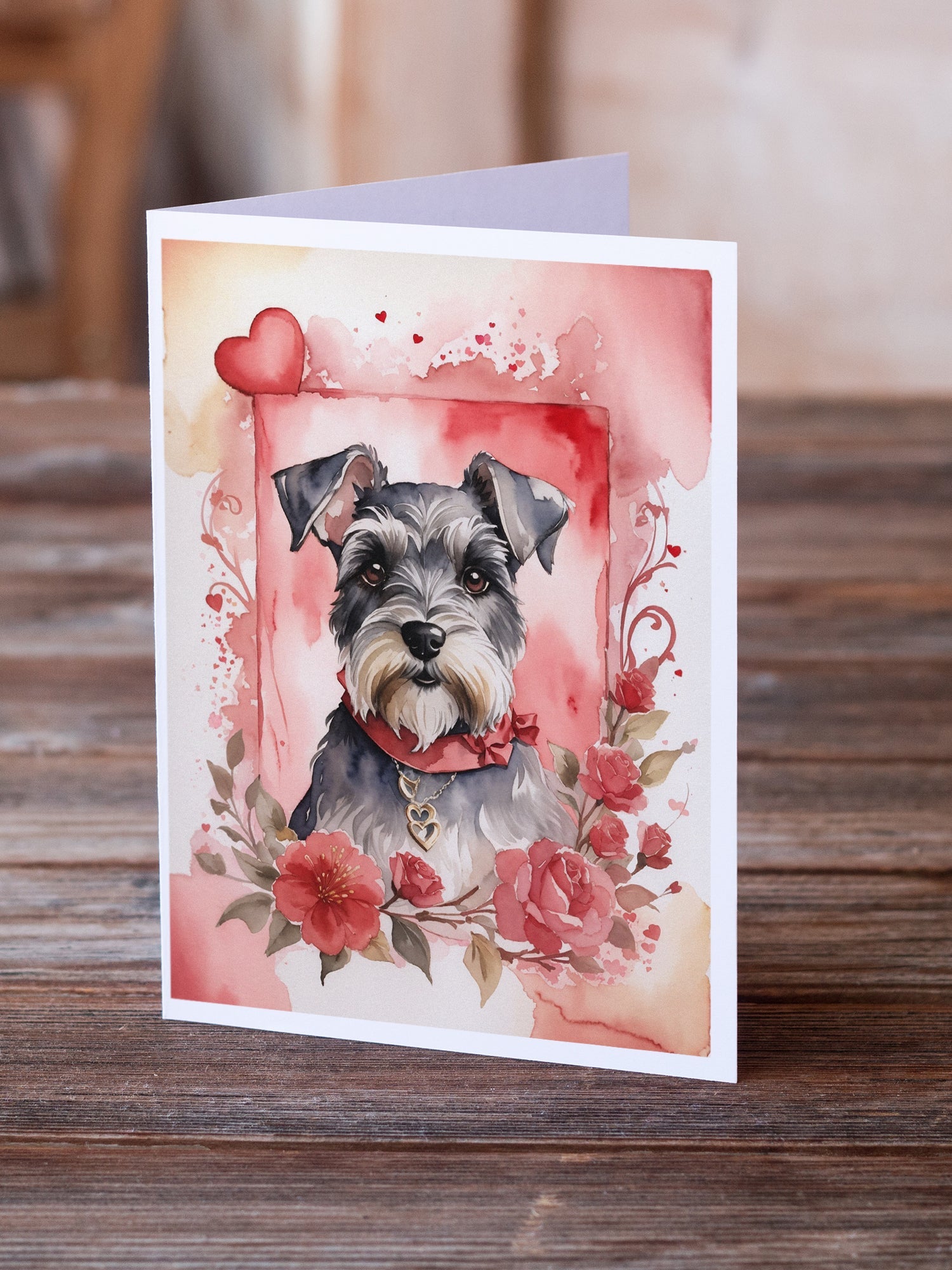 Schnauzer Valentine Roses Greeting Cards Pack of 8 Blank Cards with Envelopes Whimsical A7 Size 5x7