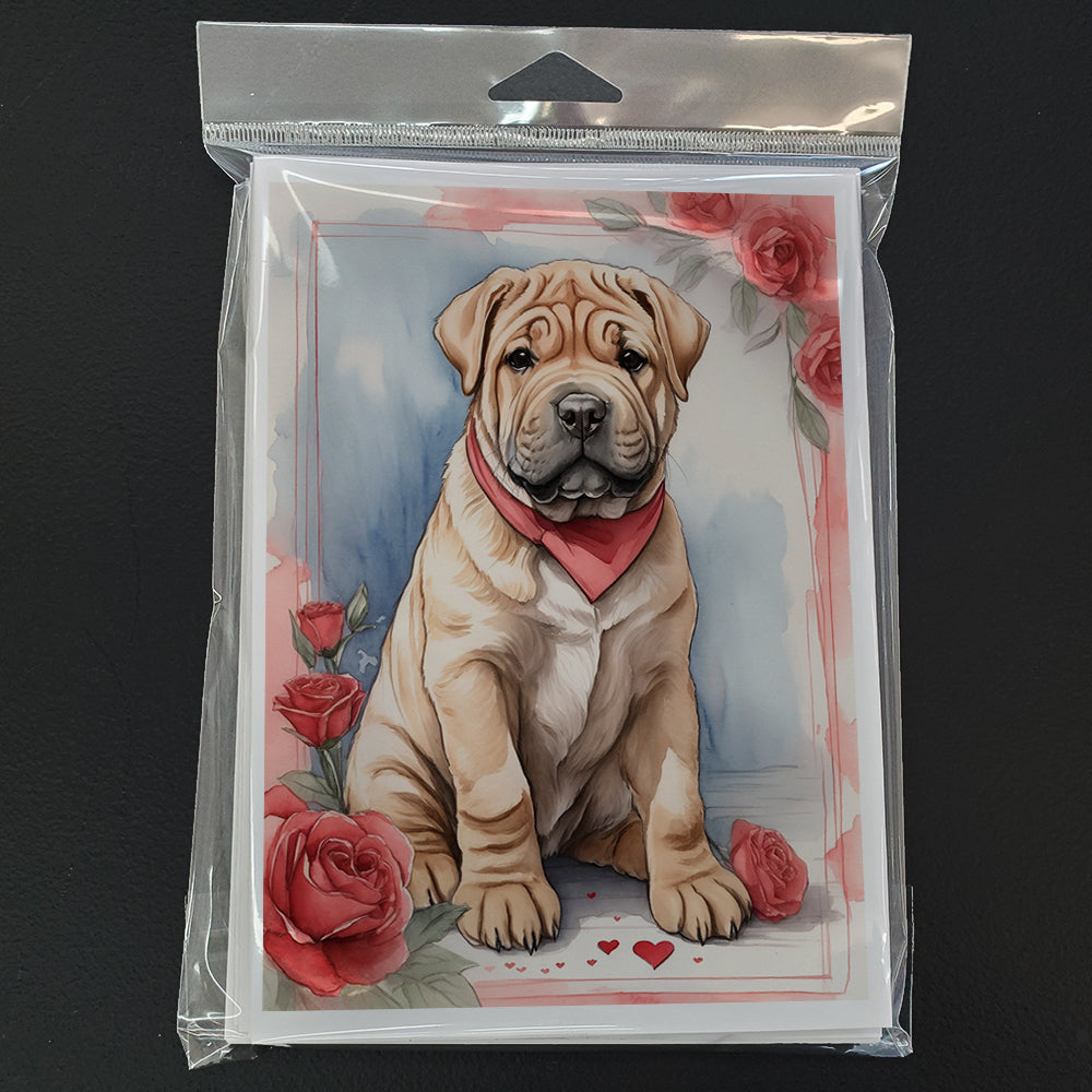 Shar Pei Valentine Roses Greeting Cards Pack of 8 Blank Cards with Envelopes Whimsical A7 Size 5x7