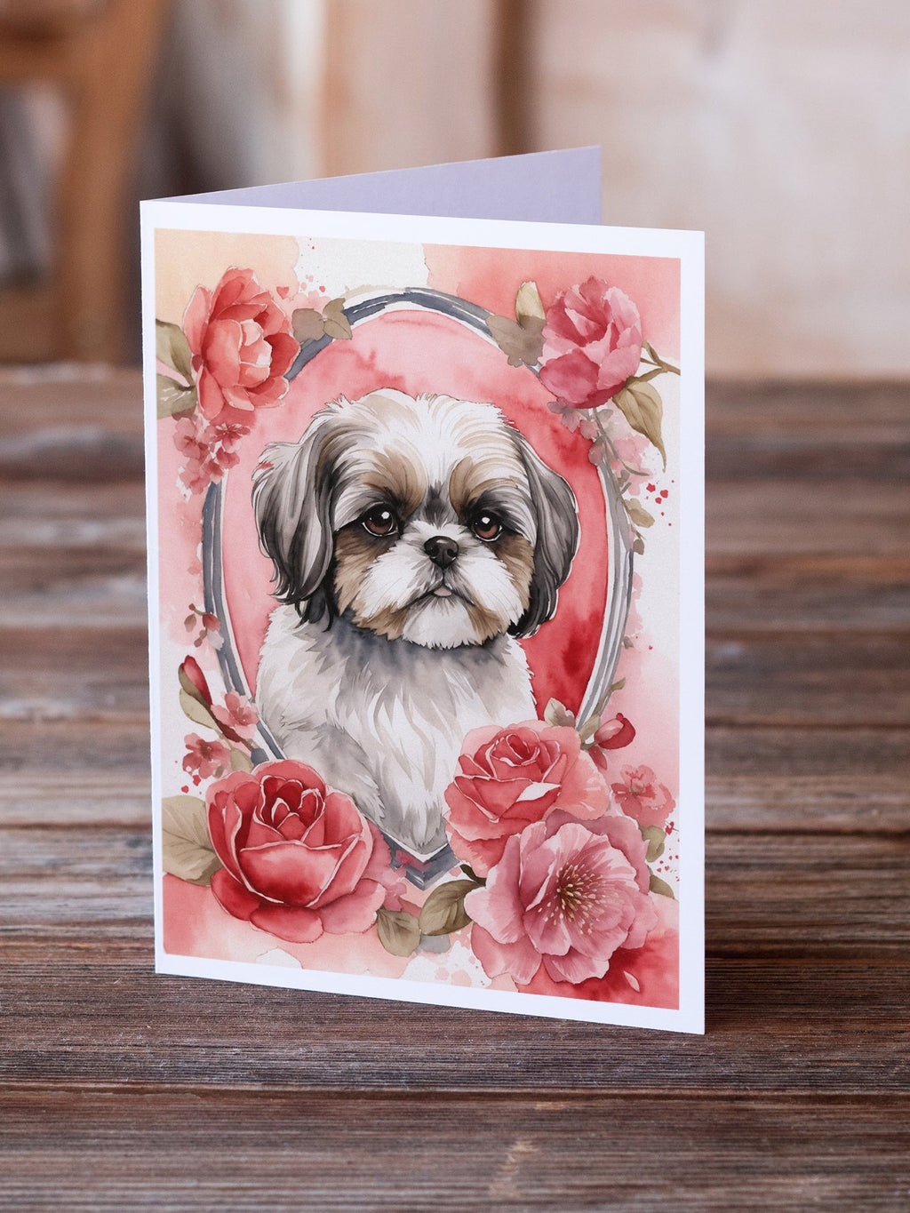Shih Tzu Valentine Roses Greeting Cards Pack of 8 Blank Cards with Envelopes Whimsical A7 Size 5x7