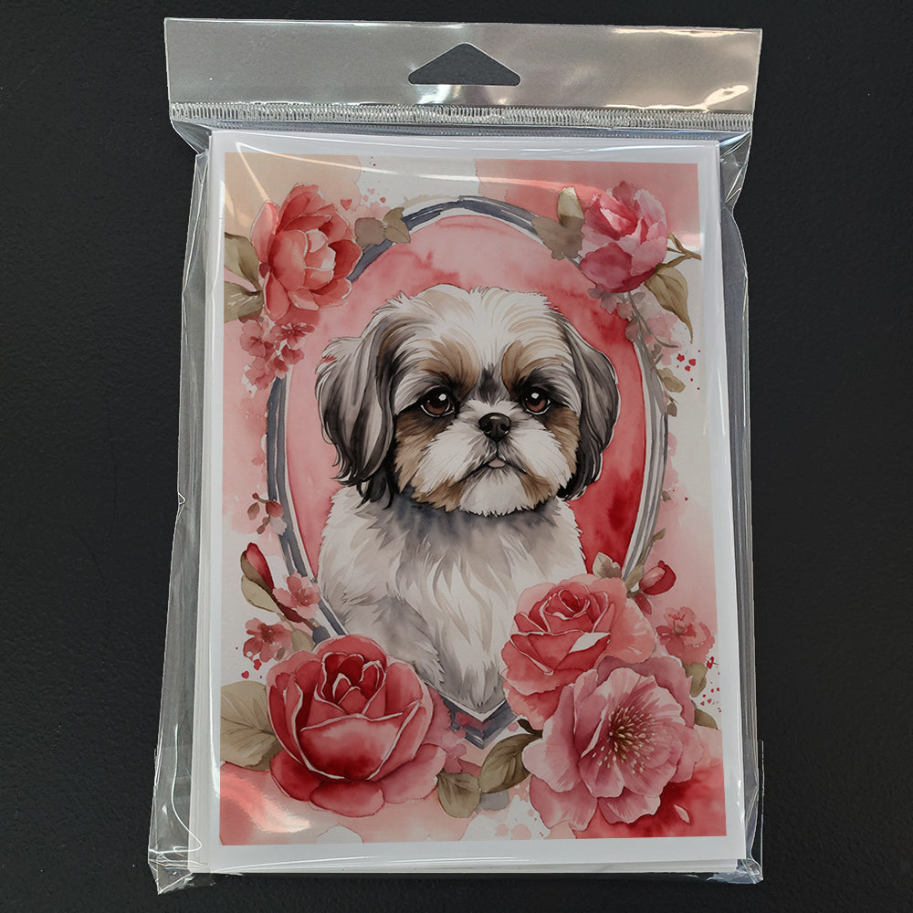 Shih Tzu Valentine Roses Greeting Cards Pack of 8 Blank Cards with Envelopes Whimsical A7 Size 5x7