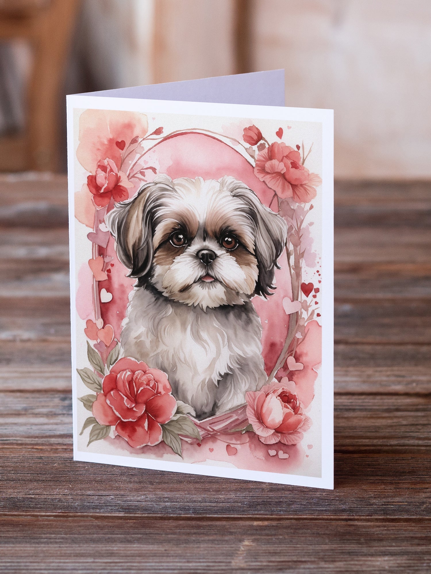 Shih Tzu Valentine Roses Greeting Cards Pack of 8 Blank Cards with Envelopes Whimsical A7 Size 5x7