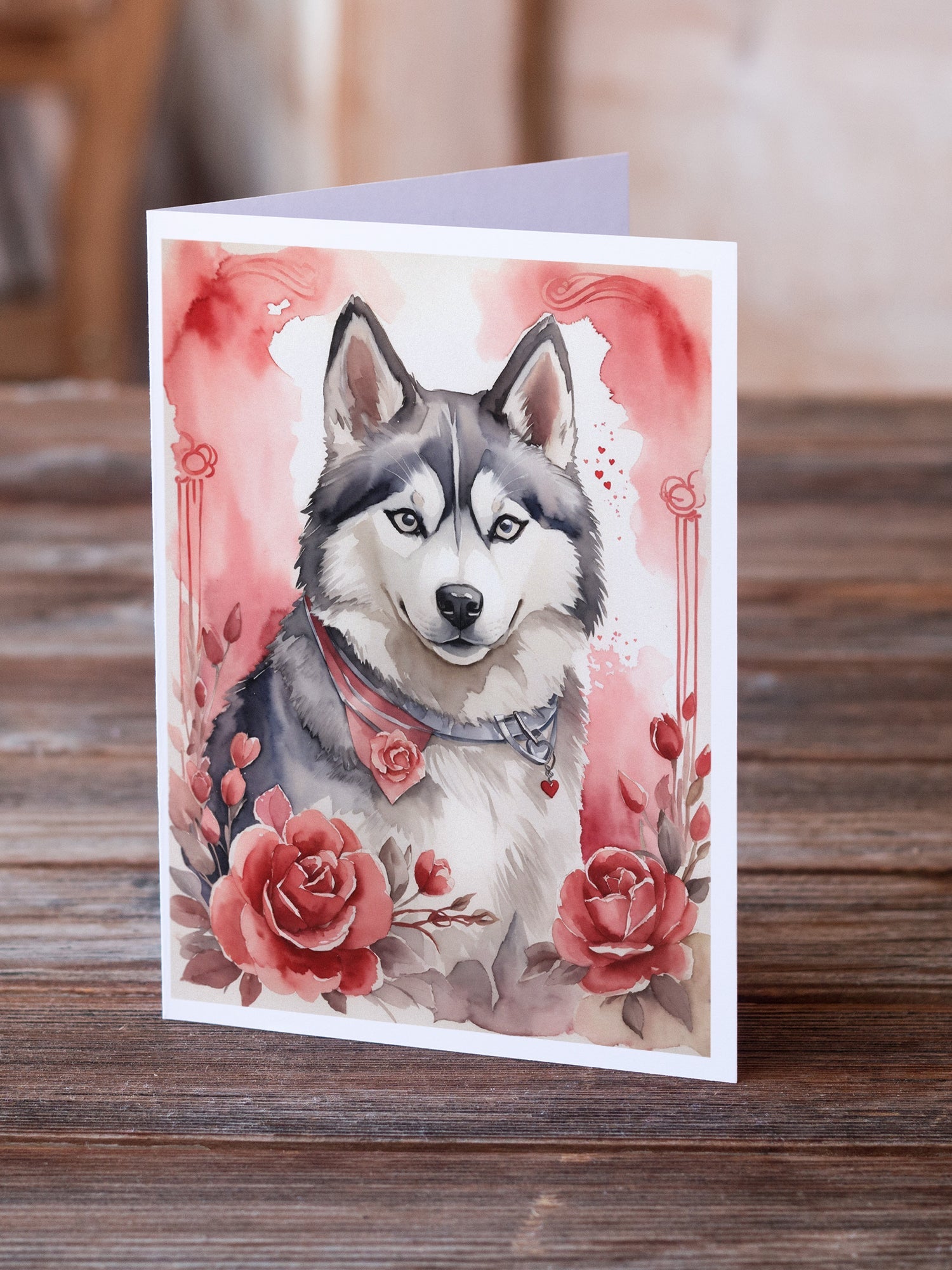 Siberian Husky Valentine Roses Greeting Cards Pack of 8 Blank Cards with Envelopes Whimsical A7 Size 5x7
