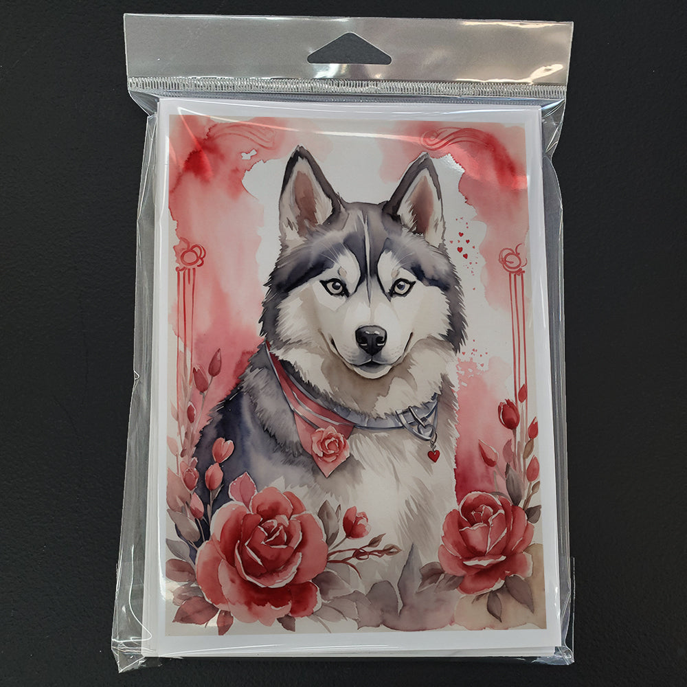 Siberian Husky Valentine Roses Greeting Cards Pack of 8 Blank Cards with Envelopes Whimsical A7 Size 5x7