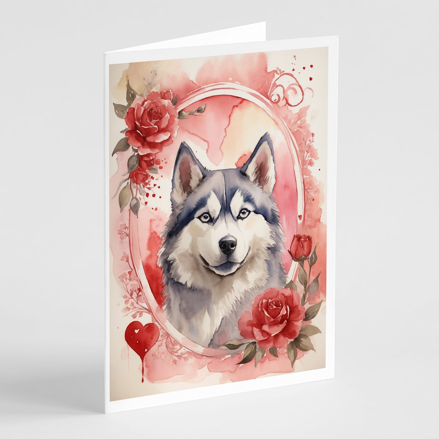 Siberian Husky Valentine Roses Greeting Cards Pack of 8 Blank Cards with Envelopes Whimsical A7 Size 5x7