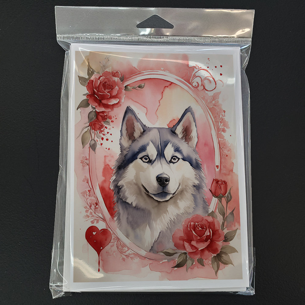 Siberian Husky Valentine Roses Greeting Cards Pack of 8 Blank Cards with Envelopes Whimsical A7 Size 5x7