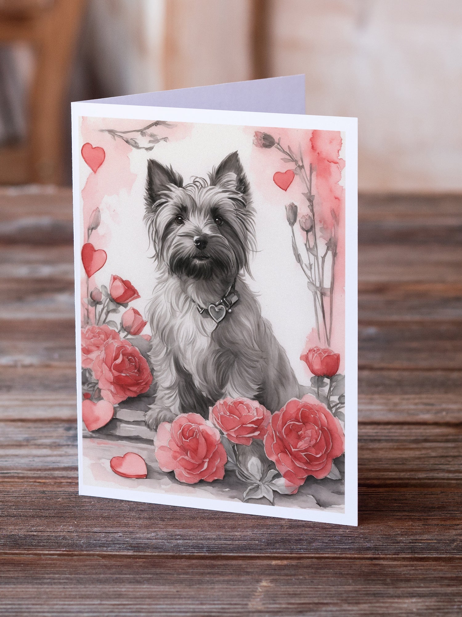 Skye Terrier Valentine Roses Greeting Cards Pack of 8 Blank Cards with Envelopes Whimsical A7 Size 5x7