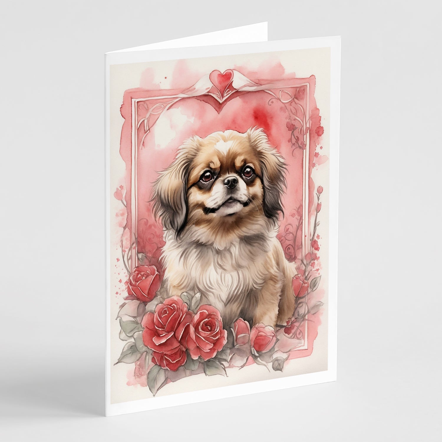 Tibetan Spaniel Valentine Roses Greeting Cards Pack of 8 Blank Cards with Envelopes Whimsical A7 Size 5x7