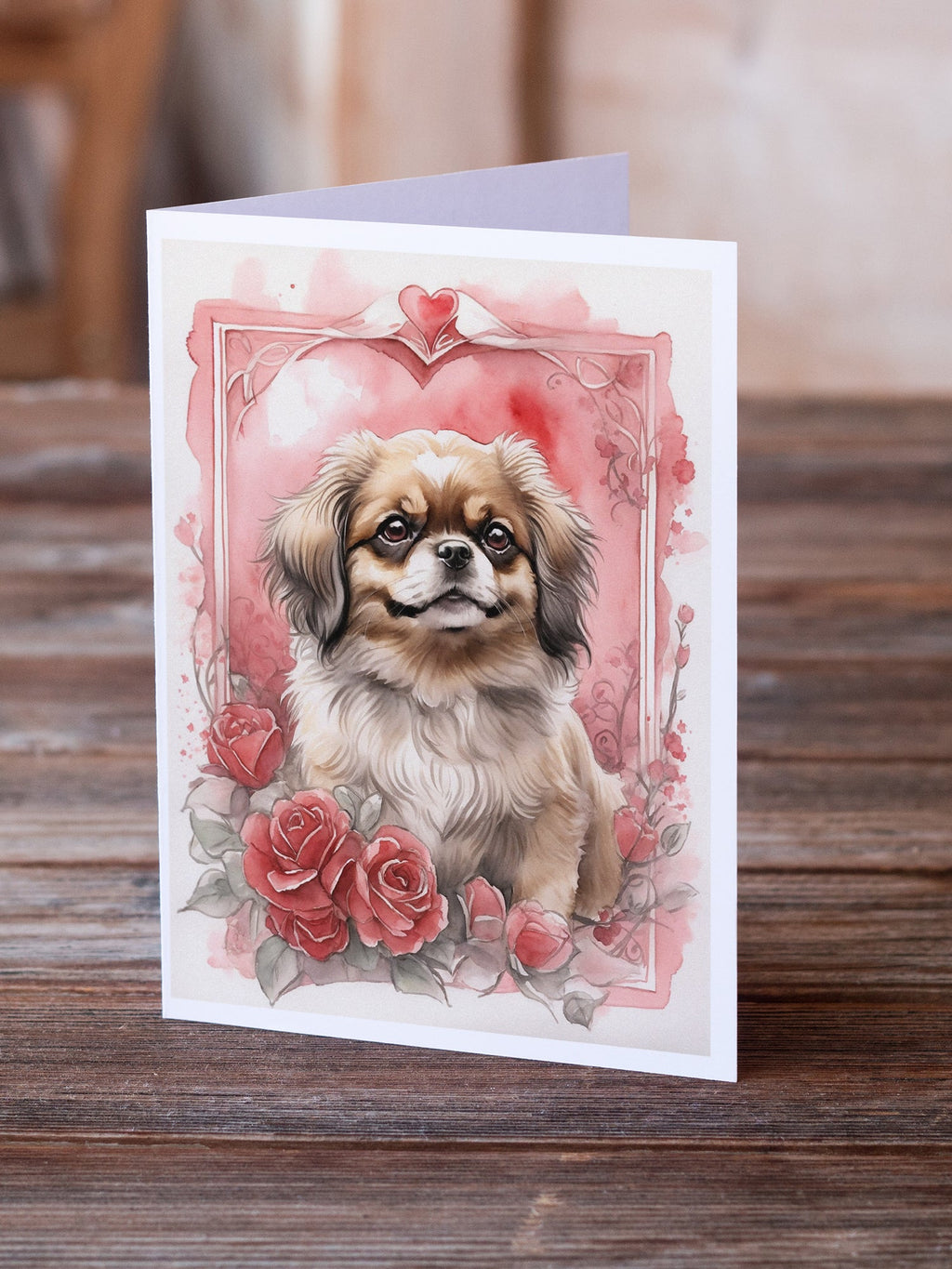 Tibetan Spaniel Valentine Roses Greeting Cards Pack of 8 Blank Cards with Envelopes Whimsical A7 Size 5x7