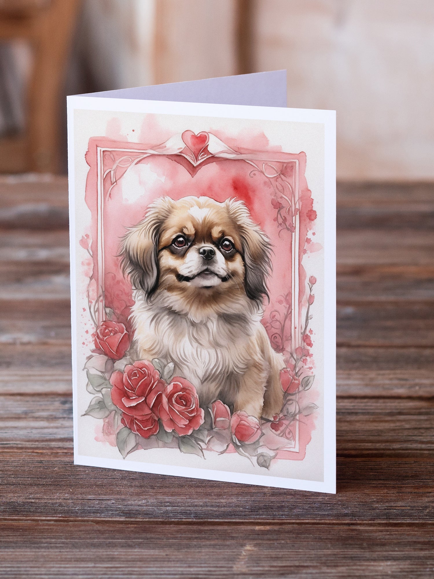 Tibetan Spaniel Valentine Roses Greeting Cards Pack of 8 Blank Cards with Envelopes Whimsical A7 Size 5x7