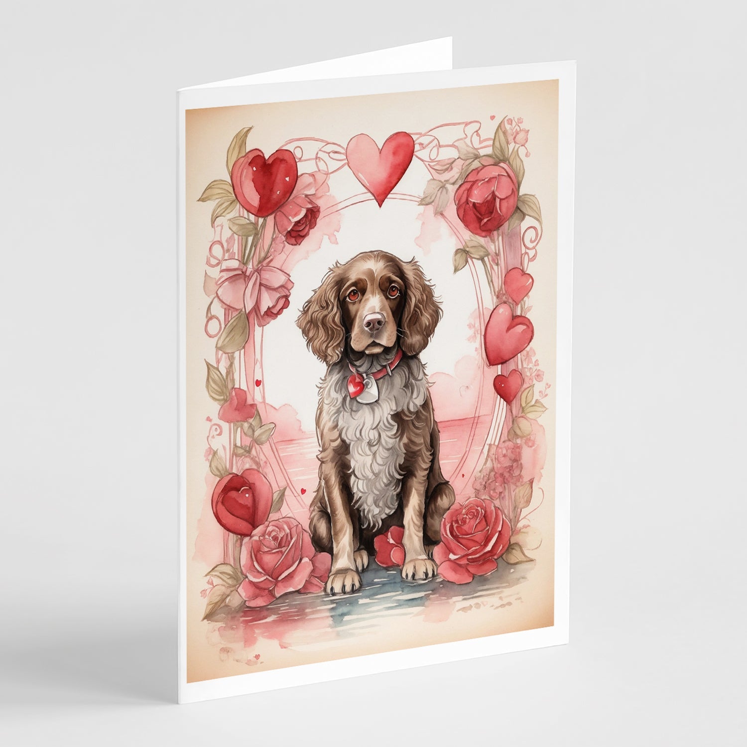 Water Spaniel Valentine Roses Greeting Cards Pack of 8 Blank Cards with Envelopes Whimsical A7 Size 5x7