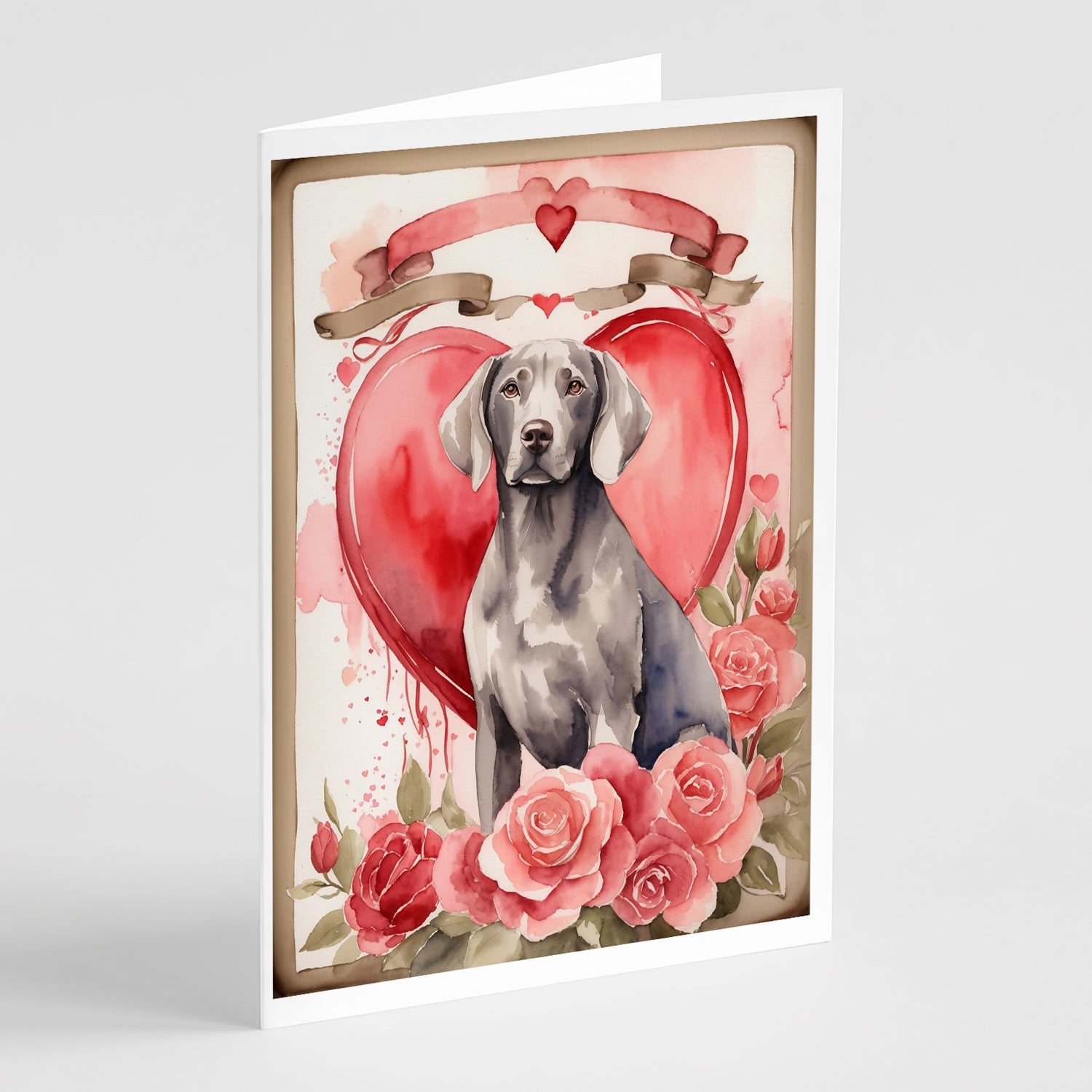 Weimaraner Valentine Roses Greeting Cards Pack of 8 Blank Cards with Envelopes Whimsical A7 Size 5x7