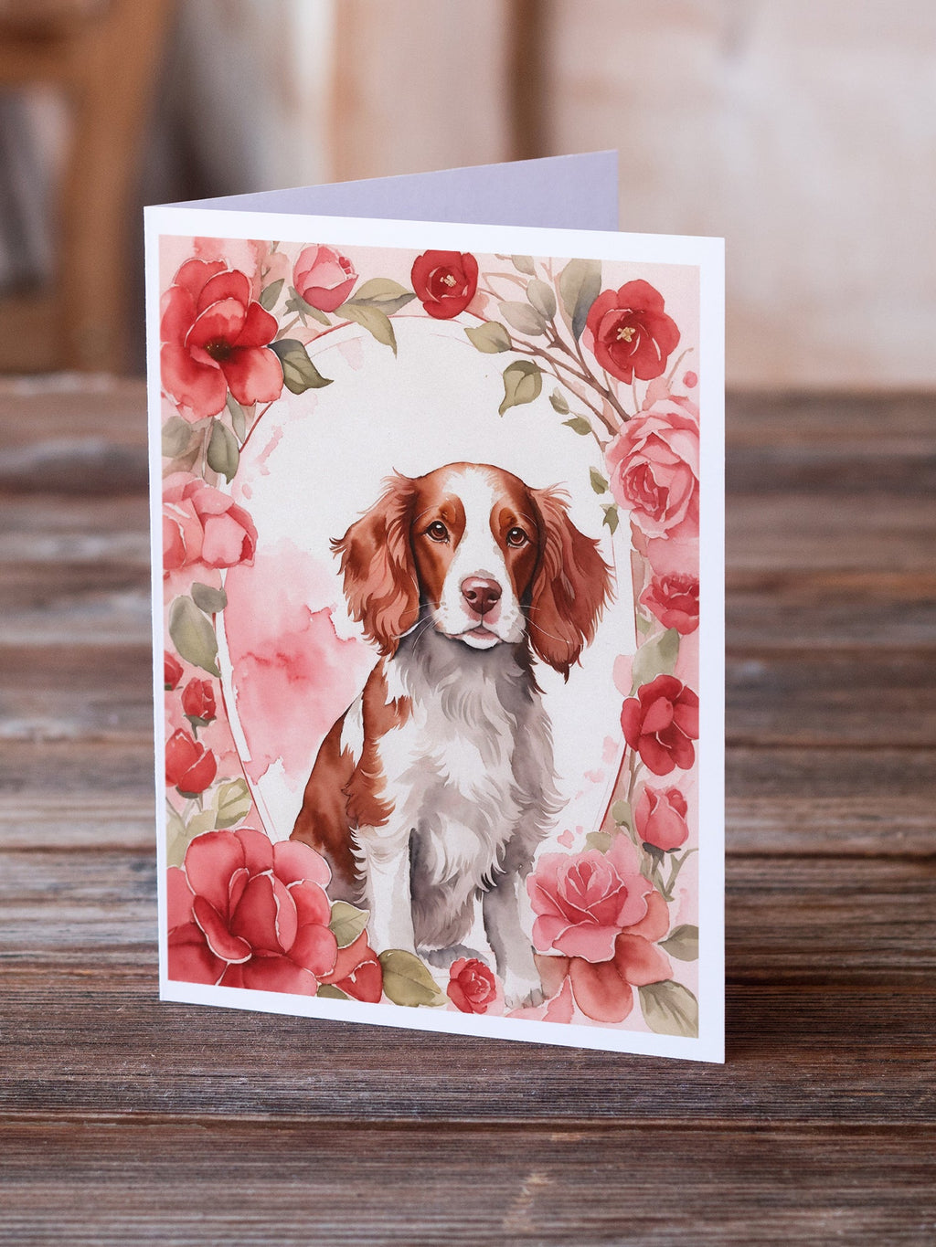 Welsh Springer Spaniel Valentine Roses Greeting Cards Pack of 8 Blank Cards with Envelopes Whimsical A7 Size 5x7