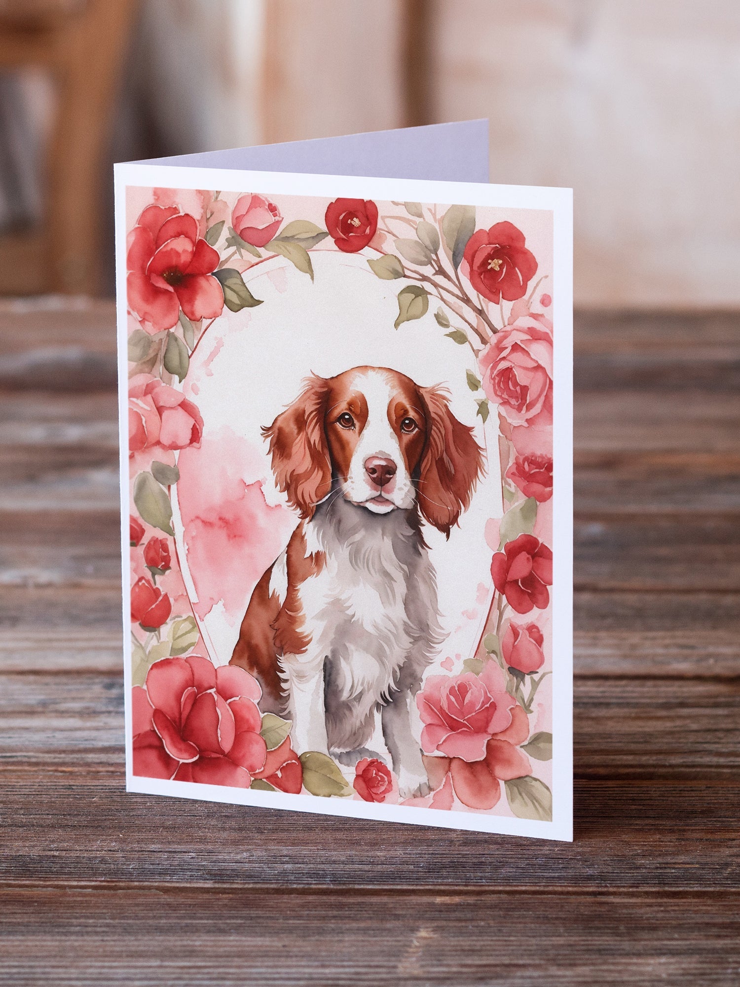 Welsh Springer Spaniel Valentine Roses Greeting Cards Pack of 8 Blank Cards with Envelopes Whimsical A7 Size 5x7