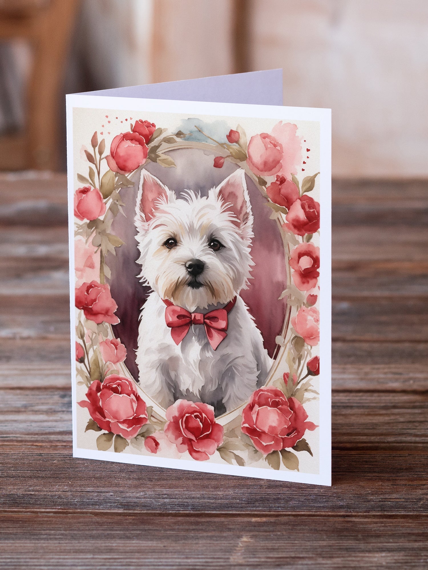 Westie Terrier Valentine Roses Greeting Cards Pack of 8 Blank Cards with Envelopes Whimsical A7 Size 5x7
