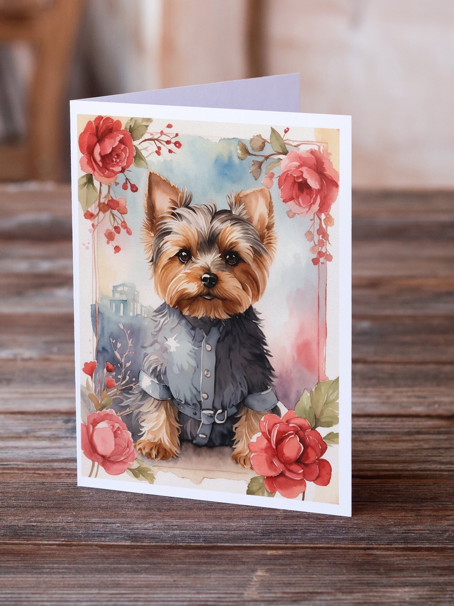 Yorkshire Terrier Valentine Roses Greeting Cards Pack of 8 Blank Cards with Envelopes Whimsical A7 Size 5x7