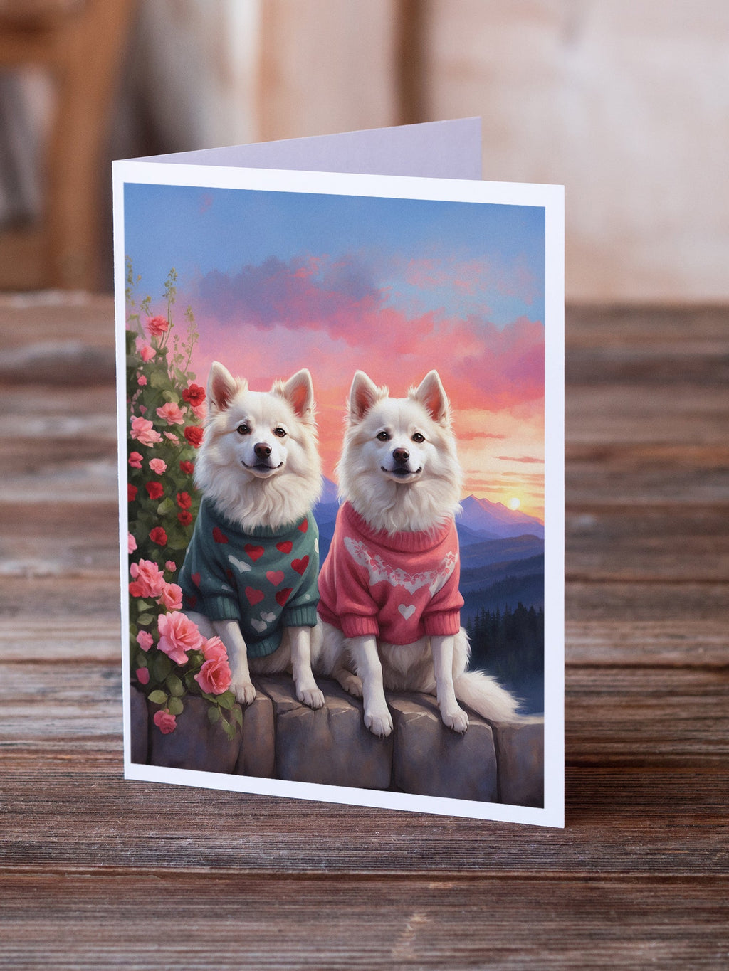 American Eskimo Two Hearts Greeting Cards Pack of 8 Blank Cards with Envelopes Whimsical A7 Size 5x7
