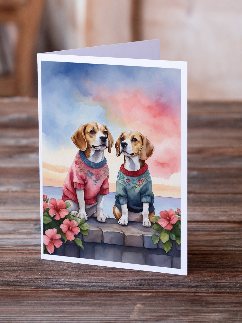 Beagle Two Hearts Greeting Cards Pack of 8 Blank Cards with Envelopes Whimsical A7 Size 5x7