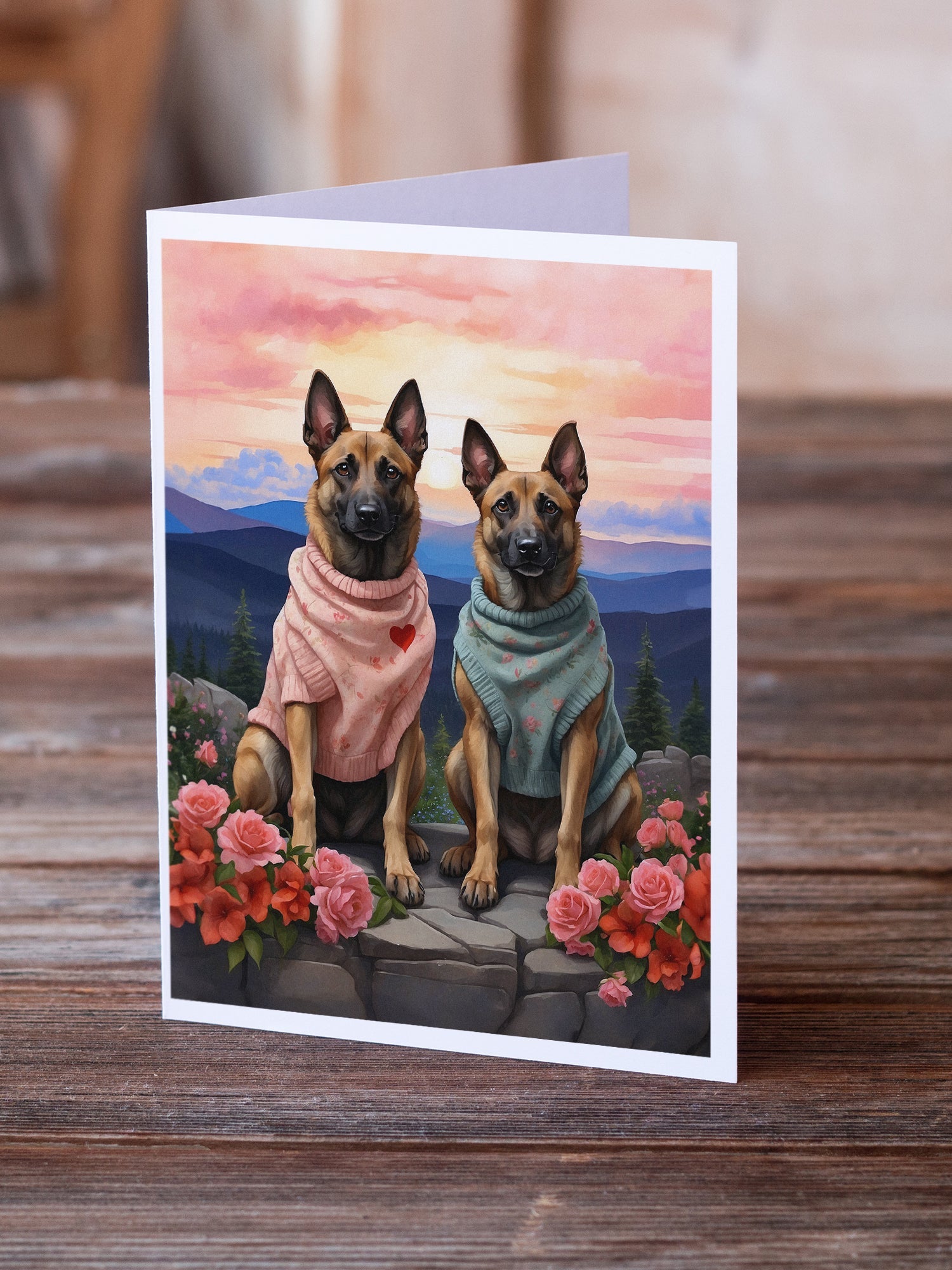 Belgian Malinois Two Hearts Greeting Cards Pack of 8 Blank Cards with Envelopes Whimsical A7 Size 5x7