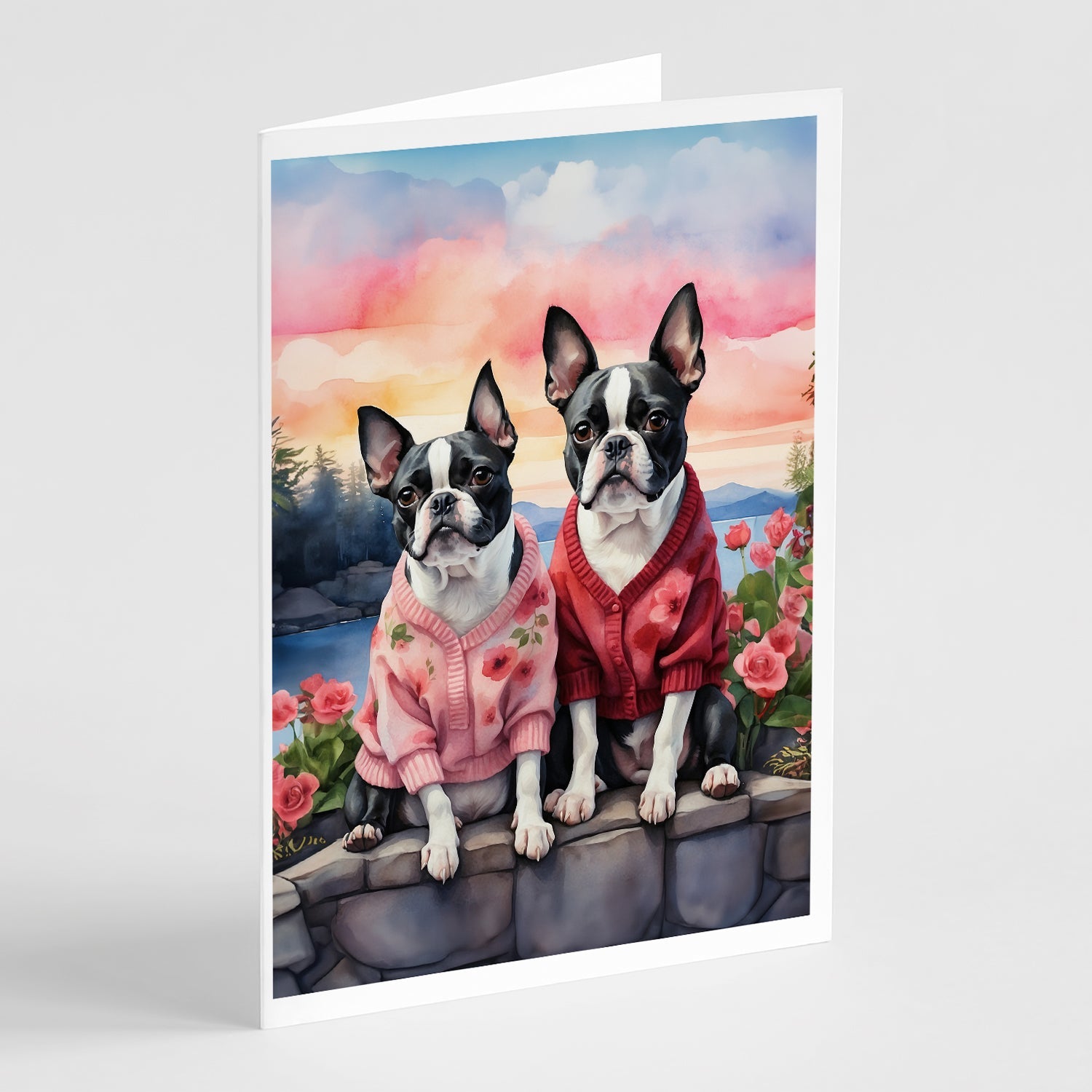 Boston Terrier Two Hearts Greeting Cards Pack of 8 Blank Cards with Envelopes Whimsical A7 Size 5x7