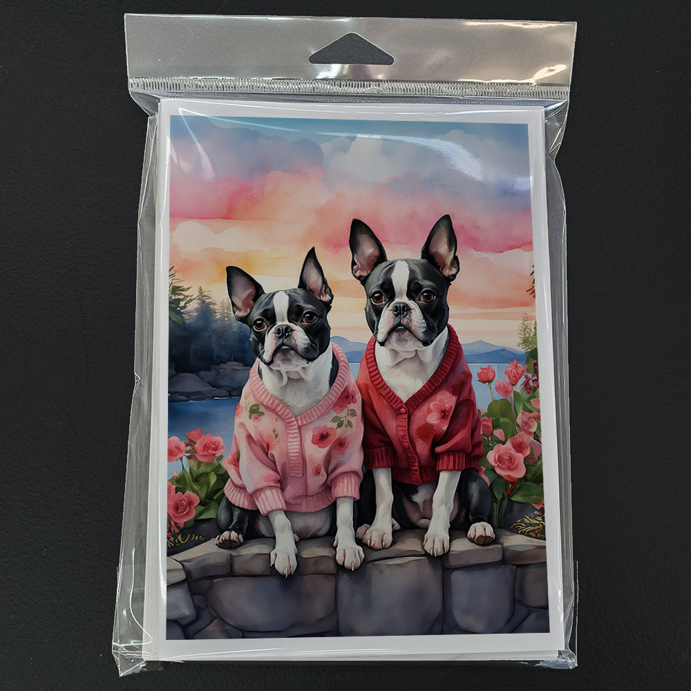 Boston Terrier Two Hearts Greeting Cards Pack of 8 Blank Cards with Envelopes Whimsical A7 Size 5x7