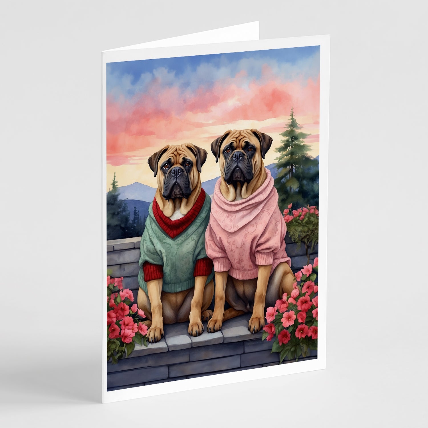 Bullmastiff Two Hearts Greeting Cards Pack of 8 Blank Cards with Envelopes Whimsical A7 Size 5x7
