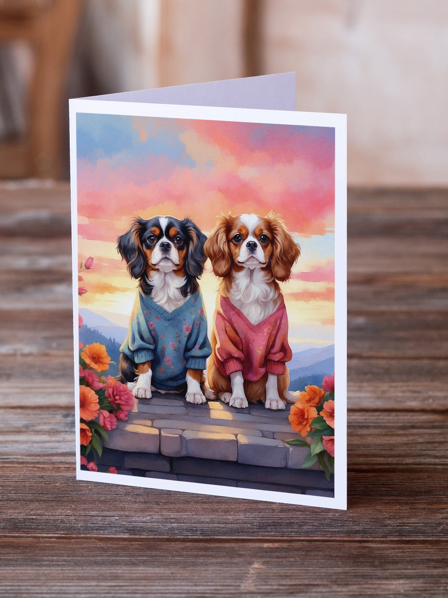 Cavalier Spaniel Two Hearts Greeting Cards Pack of 8 Blank Cards with Envelopes Whimsical A7 Size 5x7