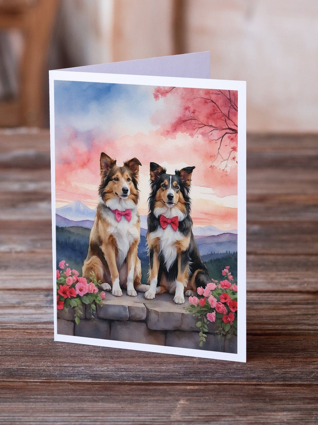 Collie Two Hearts Greeting Cards Pack of 8 Blank Cards with Envelopes Whimsical A7 Size 5x7