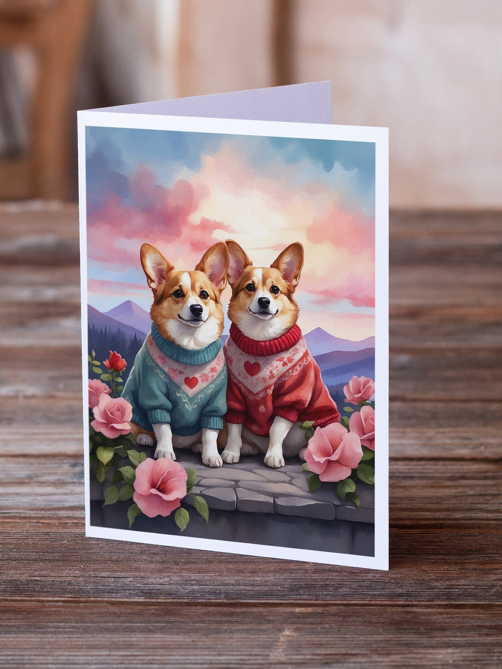 Corgi Two Hearts Greeting Cards Pack of 8 Blank Cards with Envelopes Whimsical A7 Size 5x7