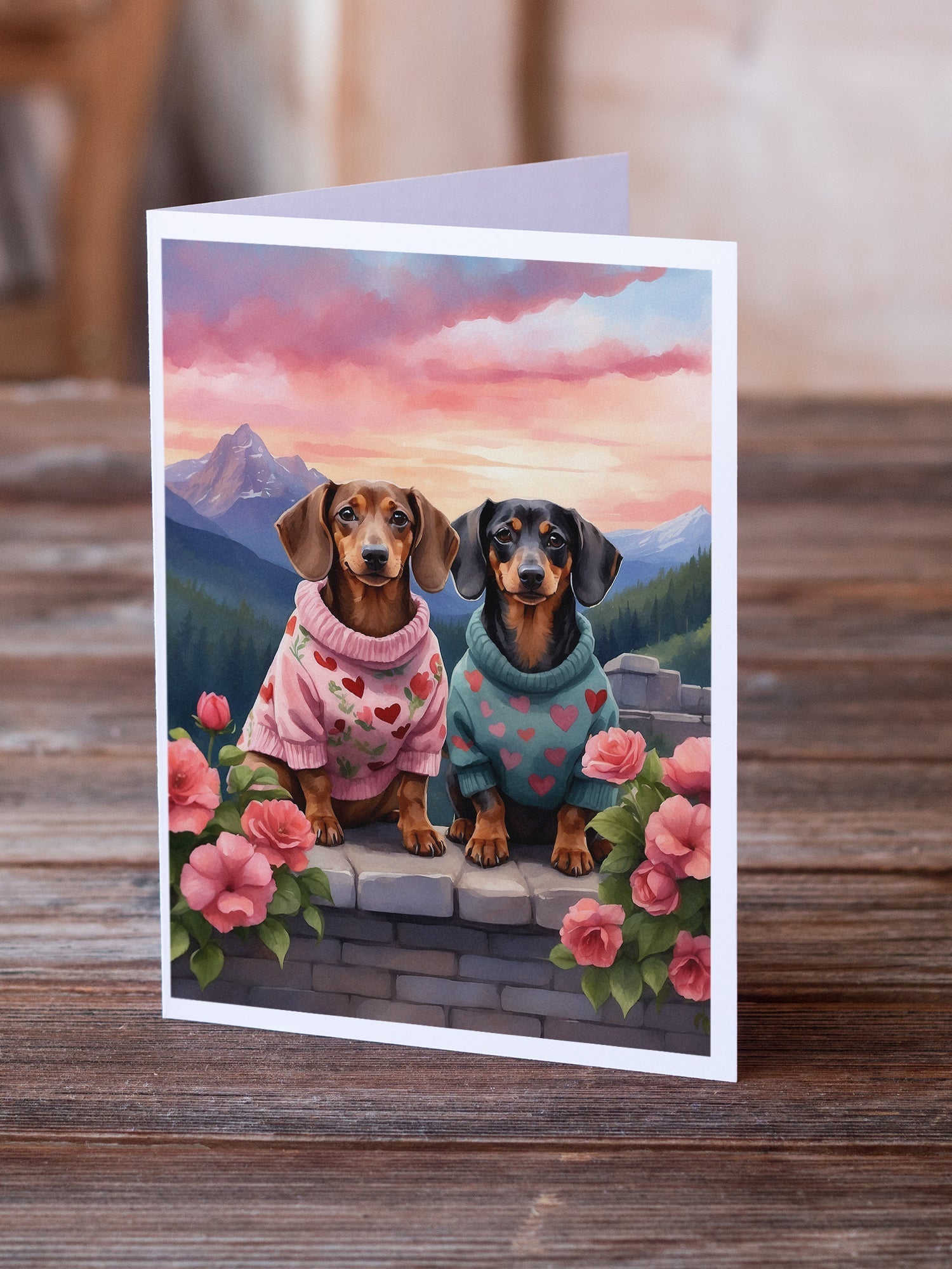 Dachshund Two Hearts Greeting Cards Pack of 8 Blank Cards with Envelopes Whimsical A7 Size 5x7