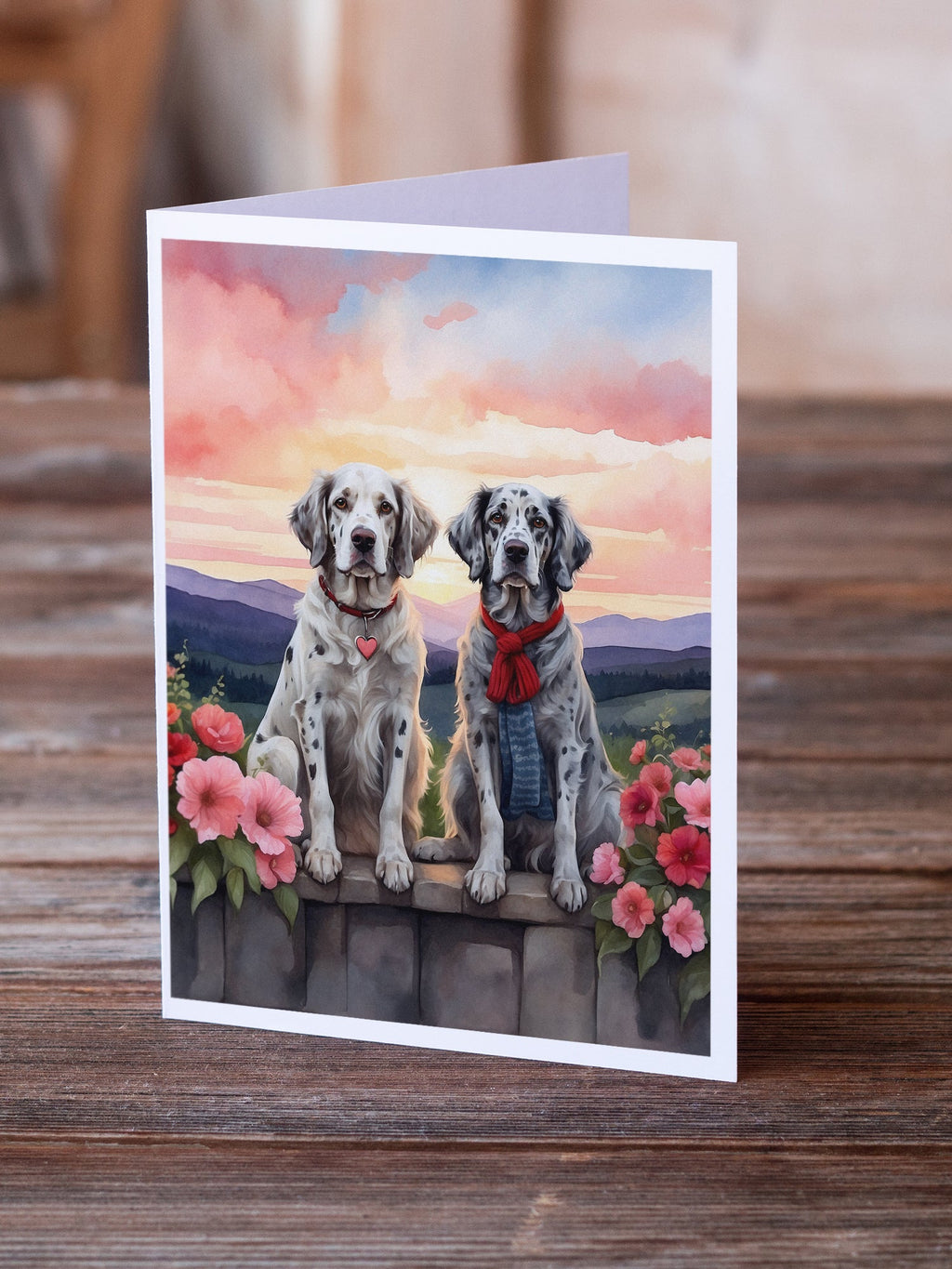 English Setter Two Hearts Greeting Cards Pack of 8 Blank Cards with Envelopes Whimsical A7 Size 5x7