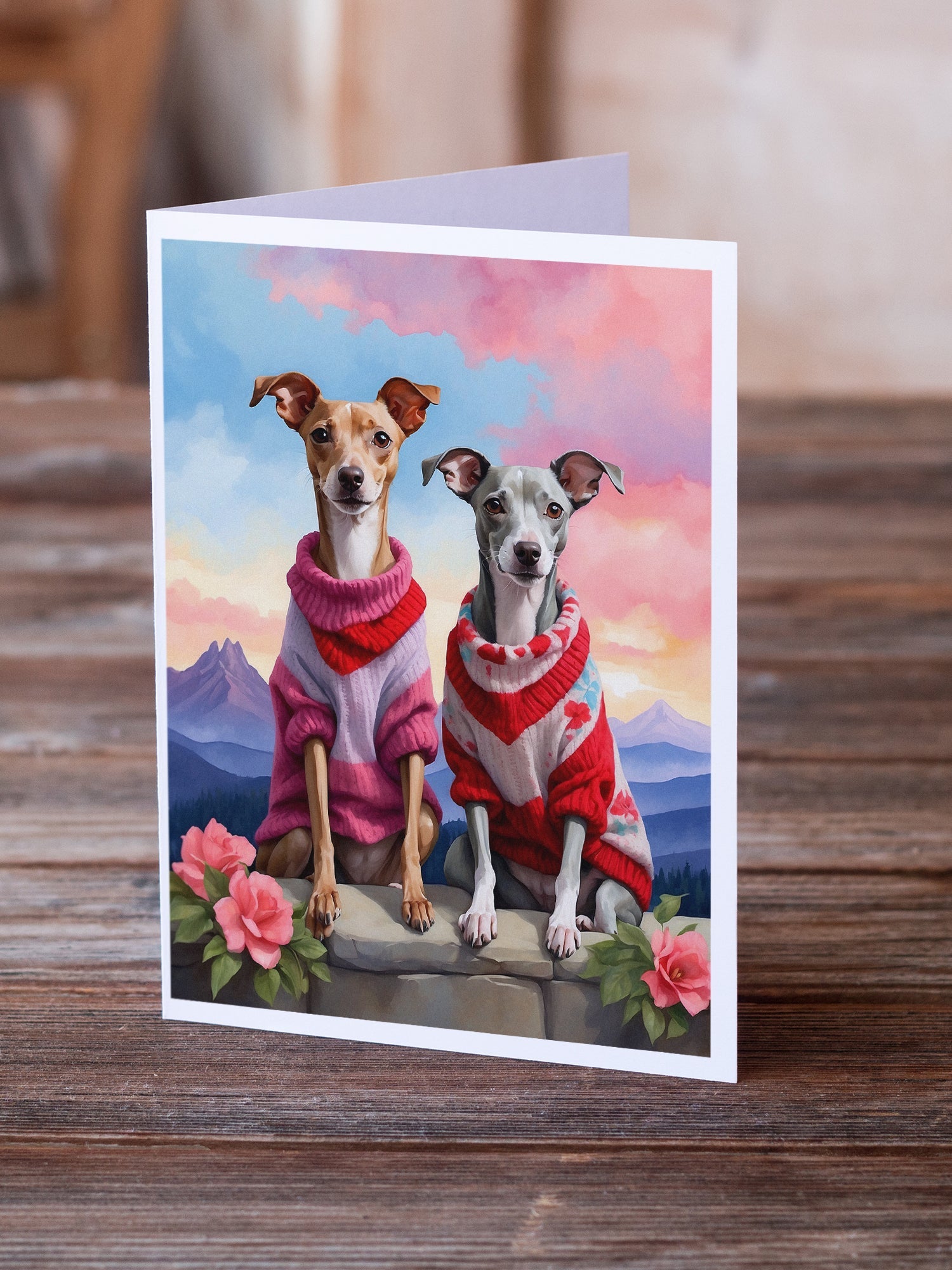 Italian Greyhound Two Hearts Greeting Cards Pack of 8 Blank Cards with Envelopes Whimsical A7 Size 5x7