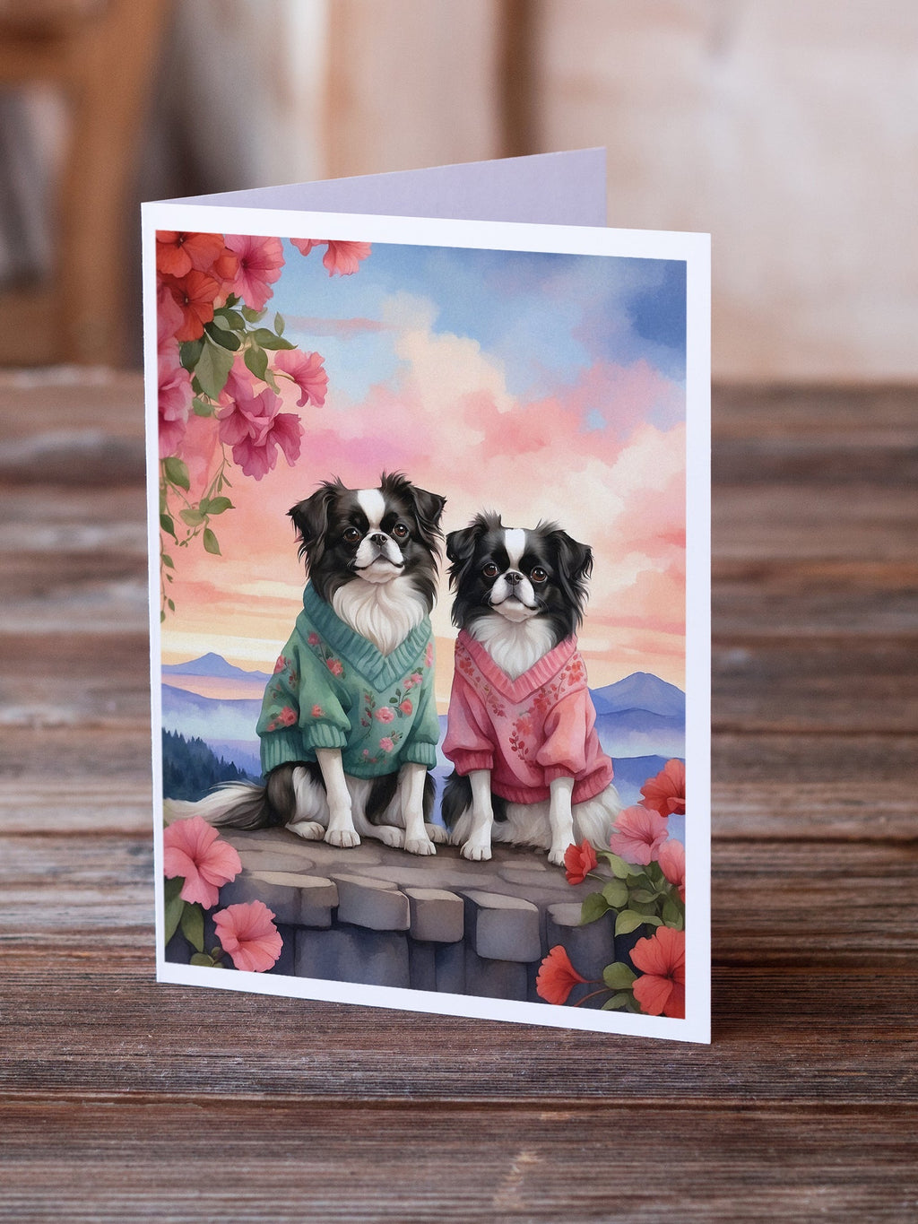Japanese Chin Two Hearts Greeting Cards Pack of 8 Blank Cards with Envelopes Whimsical A7 Size 5x7