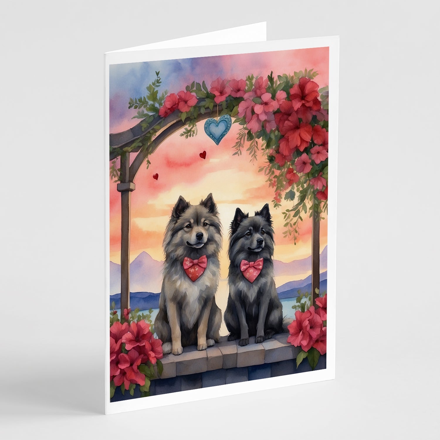 Keeshond Two Hearts Greeting Cards Pack of 8 Blank Cards with Envelopes Whimsical A7 Size 5x7