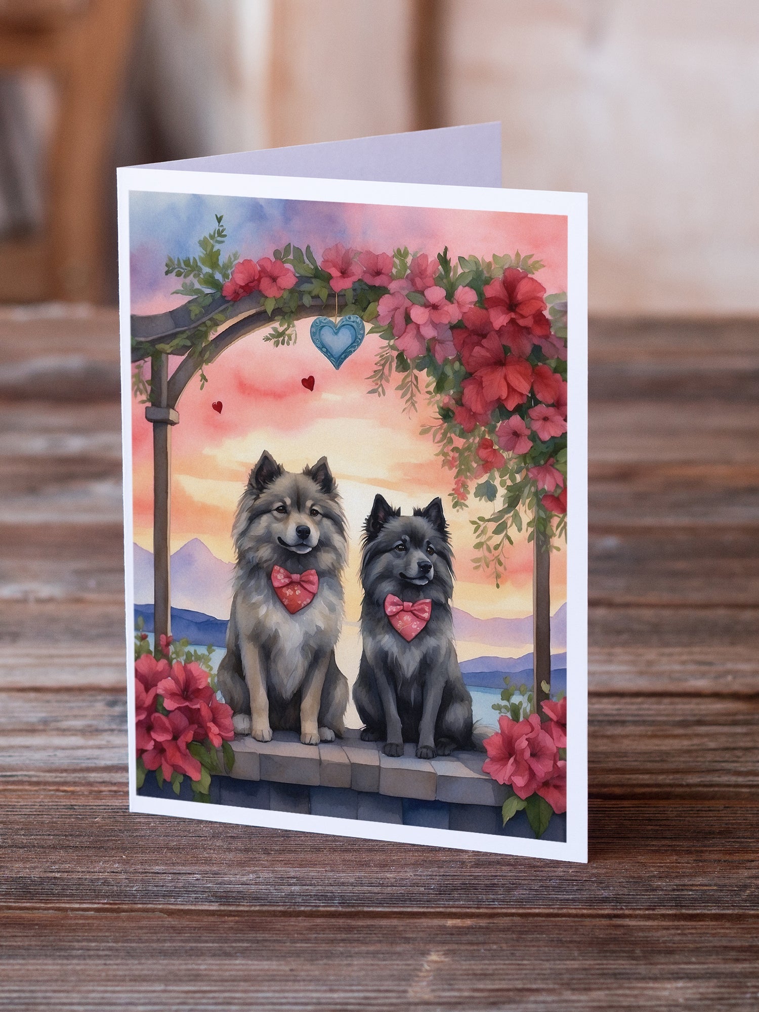 Keeshond Two Hearts Greeting Cards Pack of 8 Blank Cards with Envelopes Whimsical A7 Size 5x7