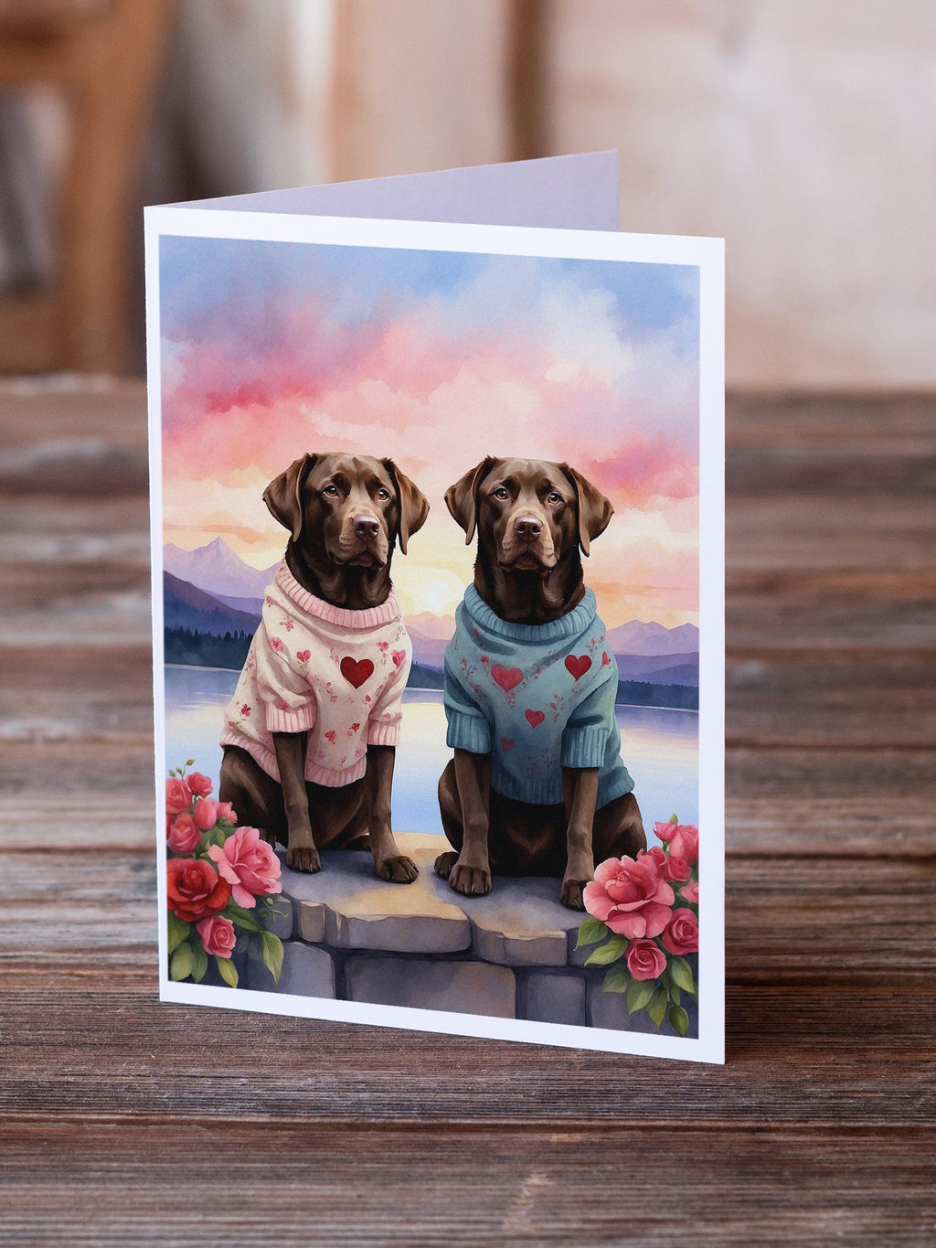 Chocolate Labrador Retriever Two Hearts Greeting Cards Pack of 8 Blank Cards with Envelopes Whimsical A7 Size 5x7