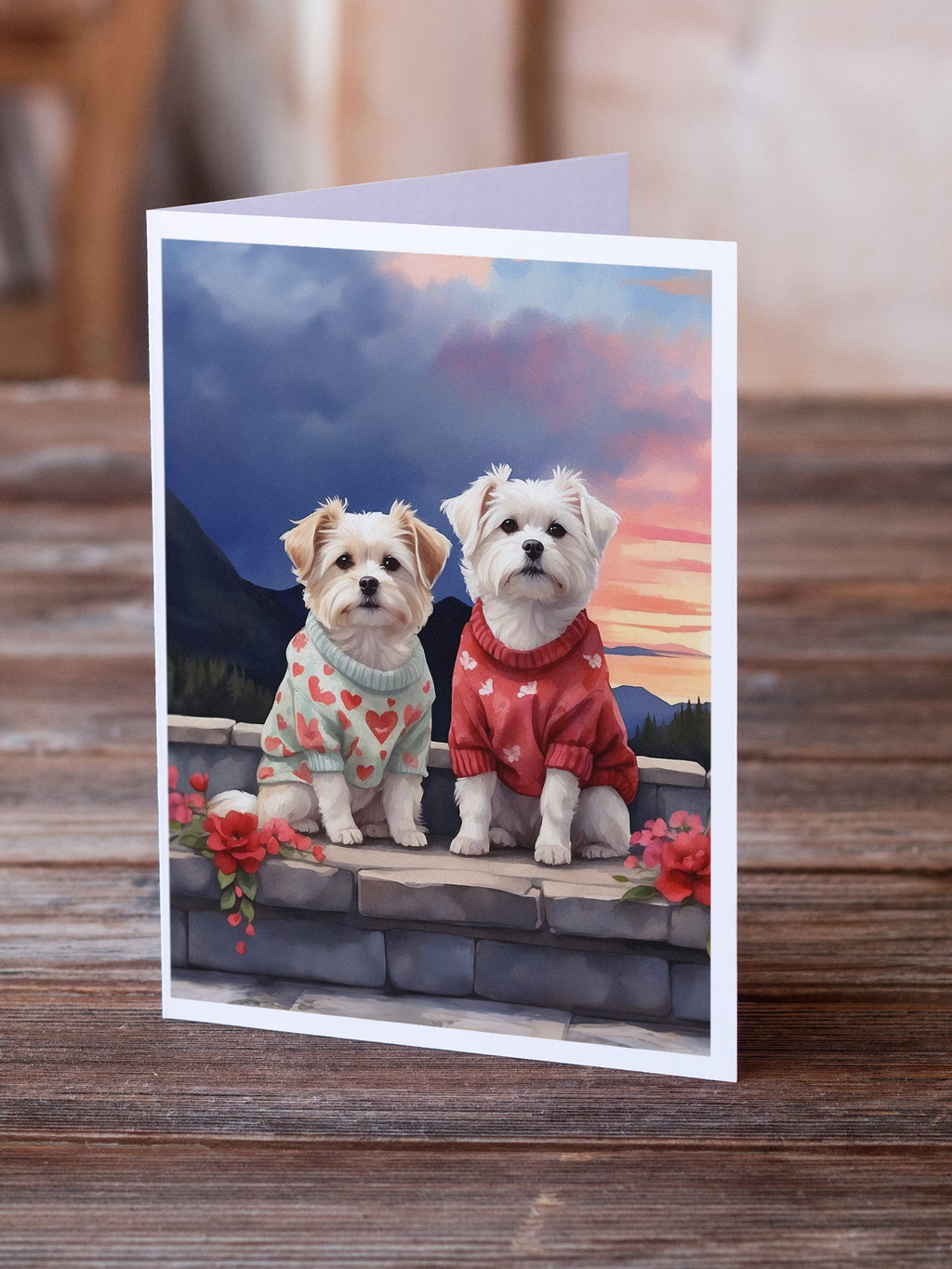 Maltese Two Hearts Greeting Cards Pack of 8 Blank Cards with Envelopes Whimsical A7 Size 5x7