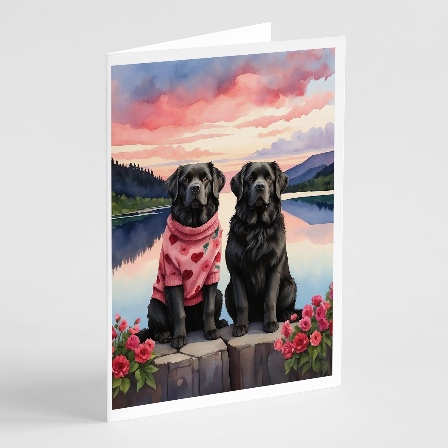 Newfoundland Two Hearts Greeting Cards Pack of 8 Blank Cards with Envelopes Whimsical A7 Size 5x7