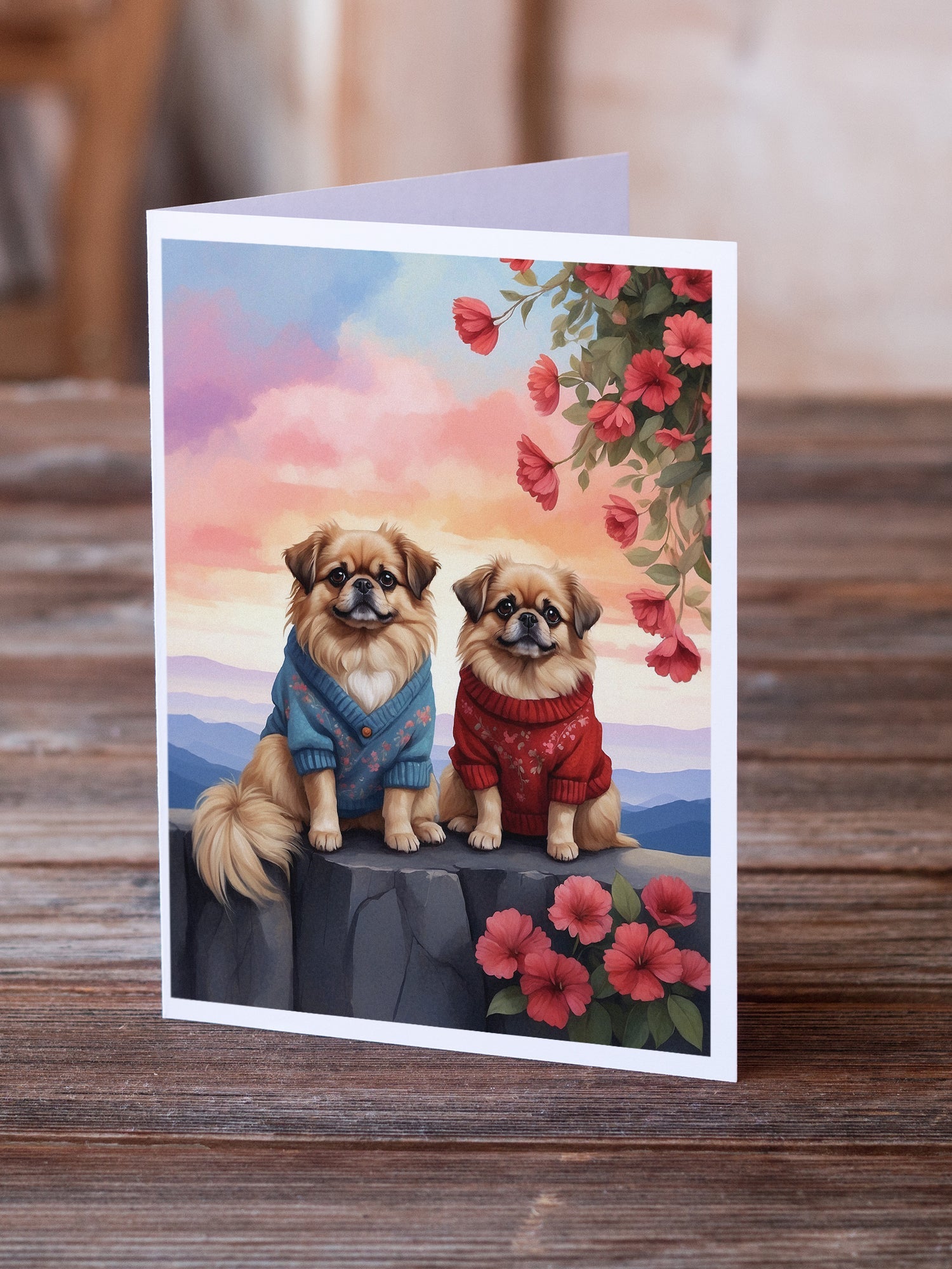 Pekingese Two Hearts Greeting Cards Pack of 8 Blank Cards with Envelopes Whimsical A7 Size 5x7