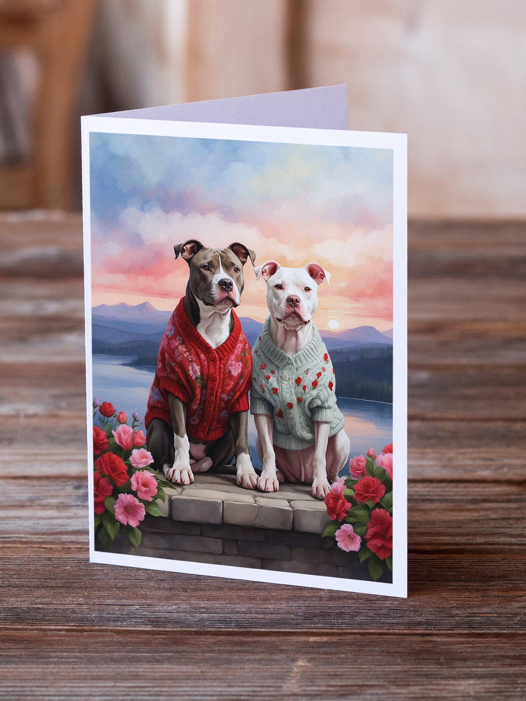 Pit Bull Terrier Two Hearts Greeting Cards Pack of 8 Blank Cards with Envelopes Whimsical A7 Size 5x7