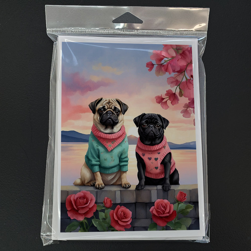 Pug Two Hearts Greeting Cards Pack of 8 Blank Cards with Envelopes Whimsical A7 Size 5x7